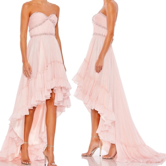 Mac Duggal 68096 | Pale Pink Beaded Ruffle High Low Gown | Strapless | Size 10 - Picture 1 of 7